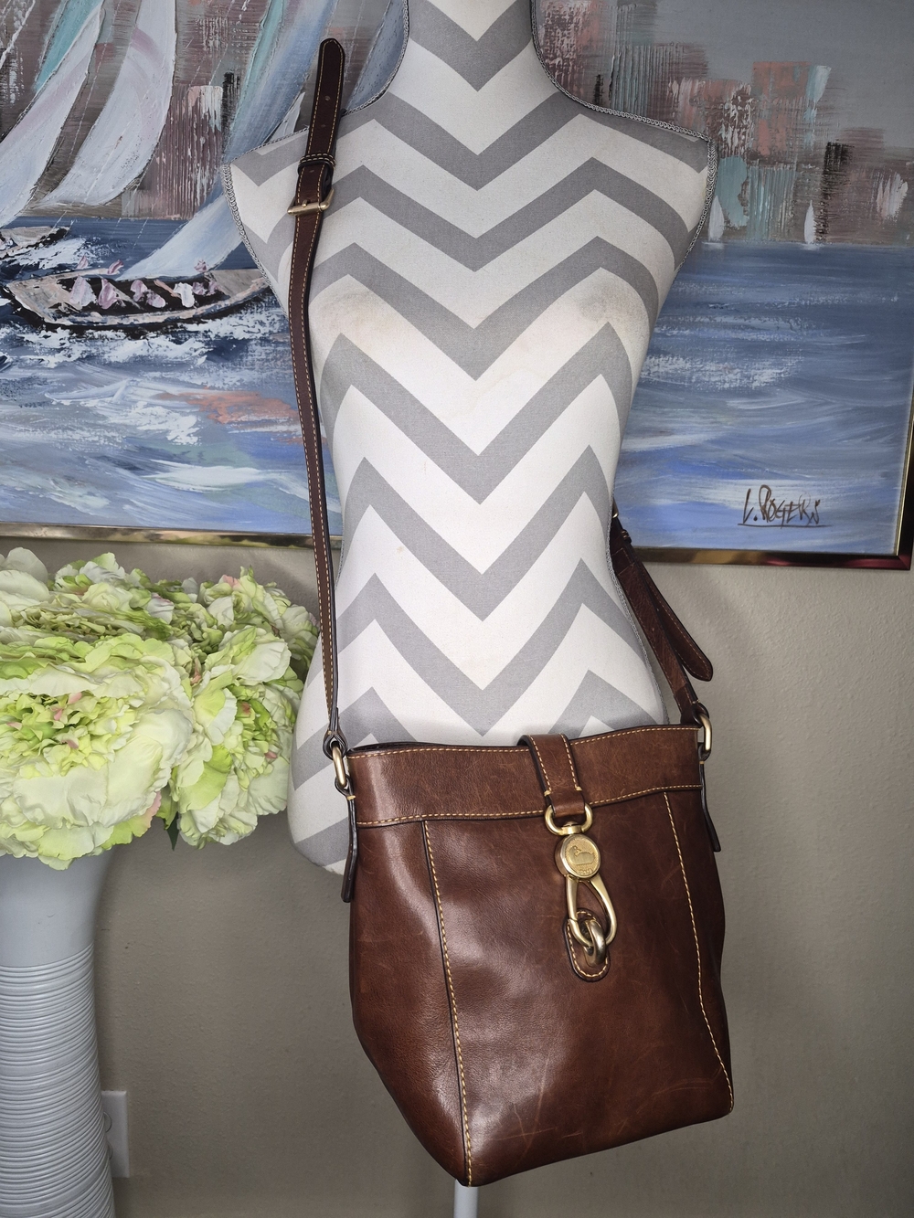 Dooney & Bourke Sadie Feed Brown Leather Crossbody with Brass Hardware